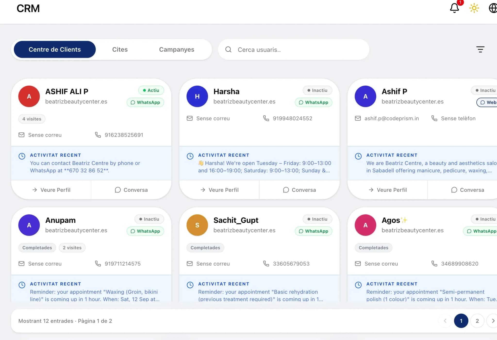 La llista de clients del CRM de NIRO, amb perfils, canal, visites i activitat recent