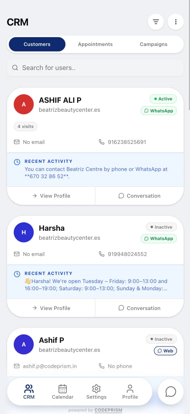 The NIRO CRM customers list, showing customer profiles with channel, visits and recent activity