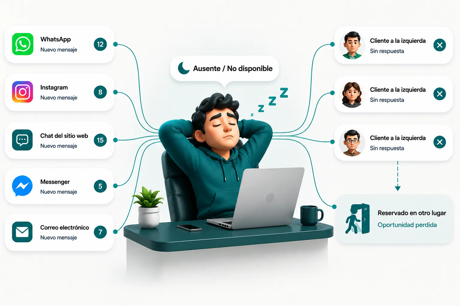 Un empresario perdiendo mensajes de clientes en WhatsApp, Instagram, chat, Messenger y correo electrónico